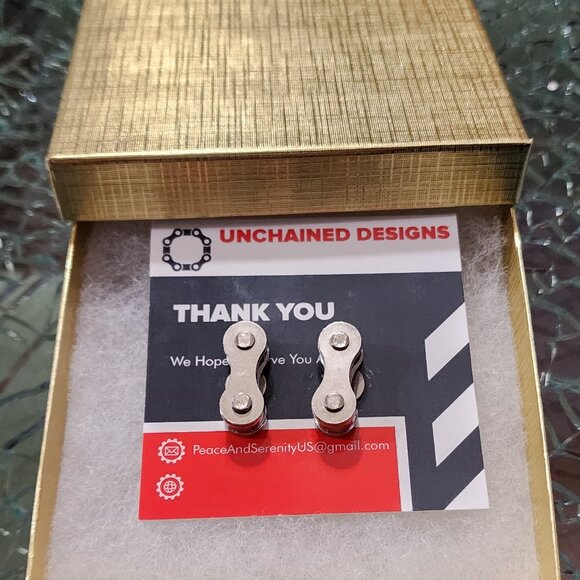 Biker Chain Stud Earrings for Cyclists / Bikers Silver Handmade Craft Jewelry - Picture 3 of 4